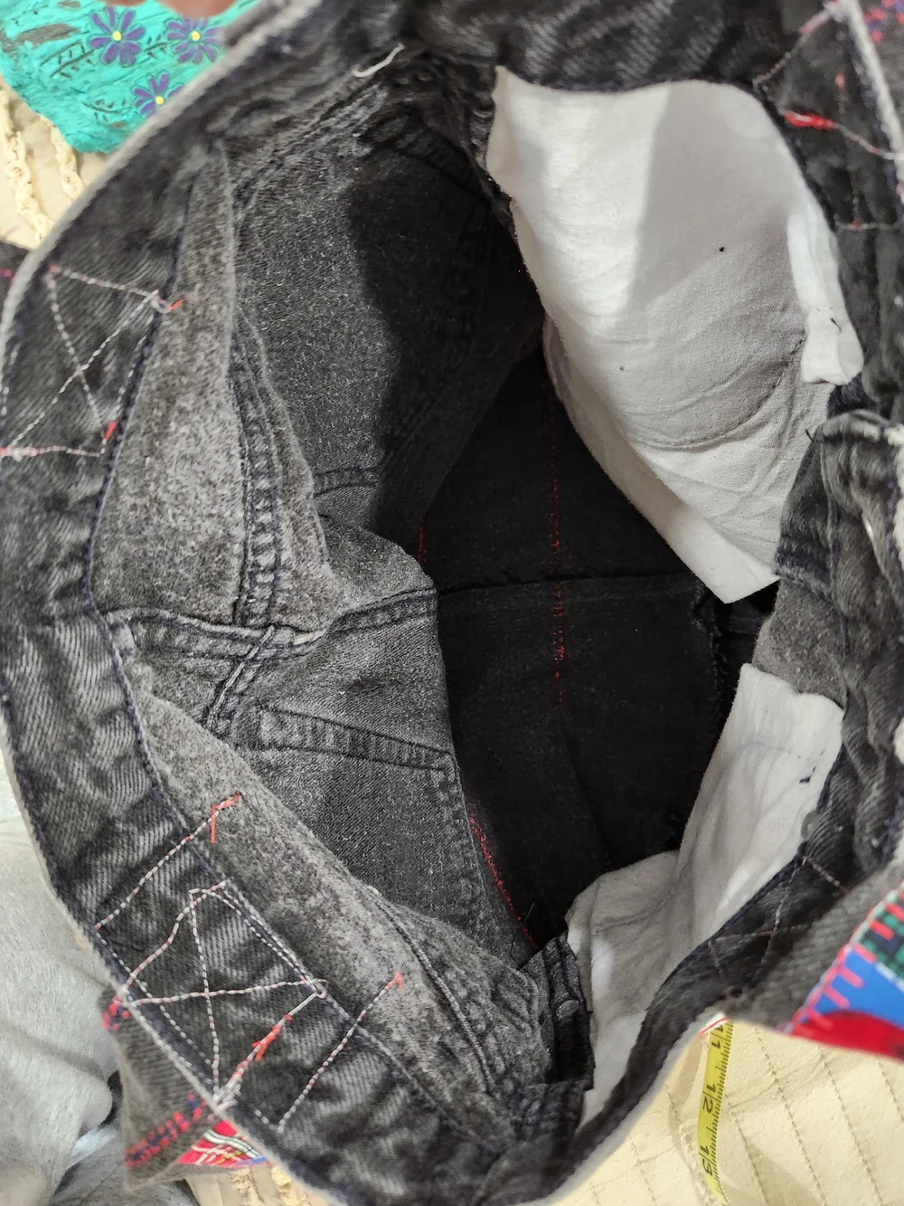 Black Denim Tote Bag with Red Apple Patch Details One Of A Kind